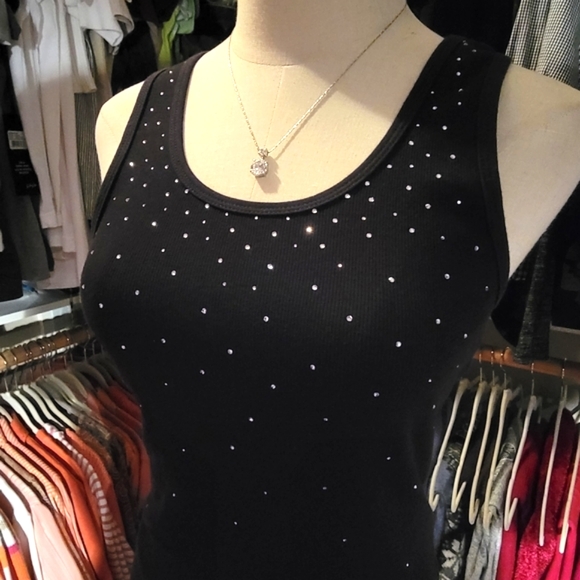 TIA TOO! ♡ Gorgeous Vintage Black Tank Top w/Sweet Bursts of Rhinestones L (S/M) - Picture 8 of 16